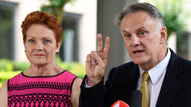 One Nation leader Pauline Hanson, with Mark Latham, whose leadership of the party in NSW could be a major problem for the Coalition.