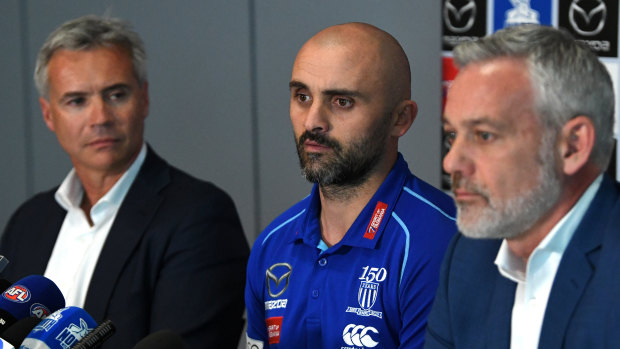 New North Melbourne head coach Rhyce Shaw addresses the media after his appointment on Thursday.