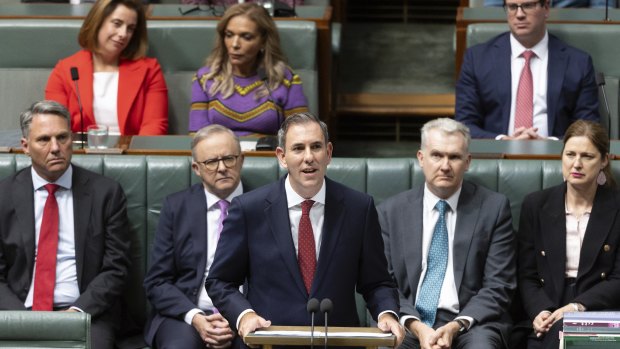 Treasurer Jim Chalmers delivering the federal budget earlier this month, which included the revamped stage 3 personal tax cuts.