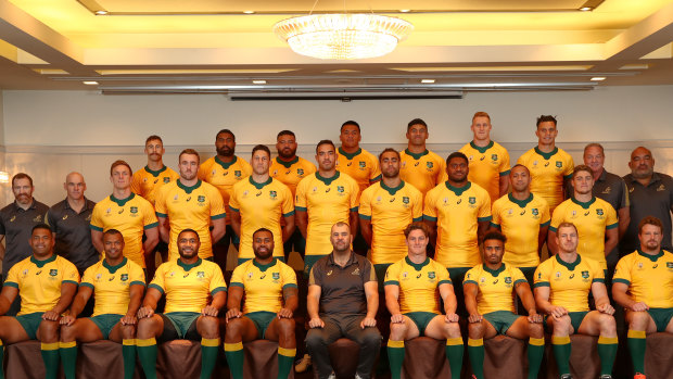 Smile: Wallabies pose for a team photo ahead of Saturday's clash with Fiji. 