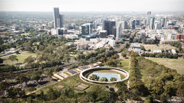 The plans for the new $77 million Parramatta Pool on land that sits next to Parramatta High in the Mays Hill precinct.