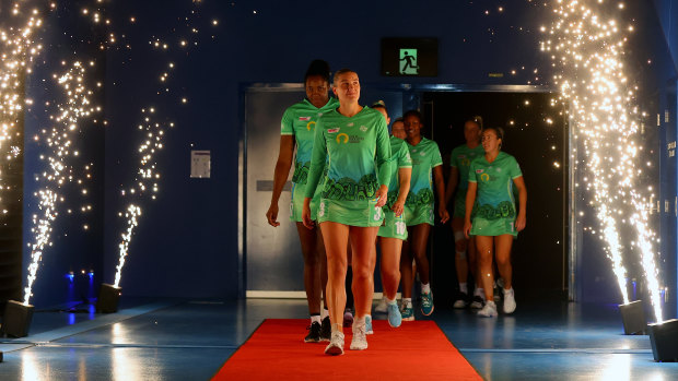 Courtney Bruce leads the Fever out on to the court in Perth.