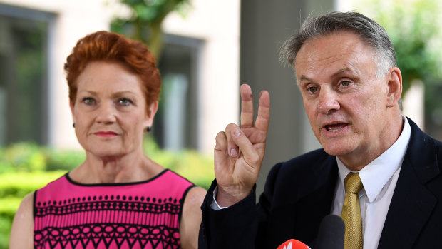 One Nation leader Pauline Hanson with her new candidate,  Mark Latham, in Sydney on Wednesday. 
