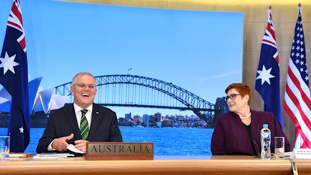 Prime Minister Scott Morrison and Minister for Foreign Affairs Marise Payne during the inaugural Quad leaders meeting with the President of the United States Joe Biden, the Prime Minister of Japan Yoshihide Suga and the Prime Minister of India Narendra Modi in a virtual meeting in Sydney on March 13.