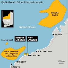 The locations of the gas fields. 