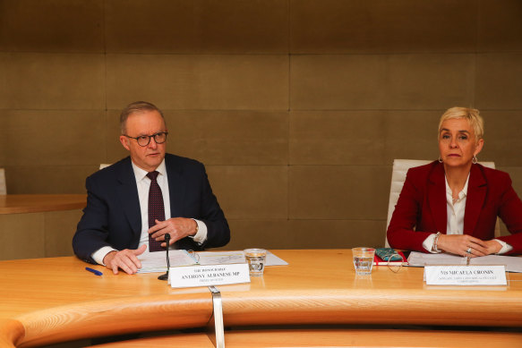 Prime Minister Anthony Albanese and Domestic Family and Sexual Violence Commissioner Micaela Cronin speaking ahead of a national cabinet meeting on Wednesday.