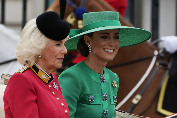 Military nods ... Queen Camilla and Catherine, Princess of Wales en route to the Trooping the Colour.