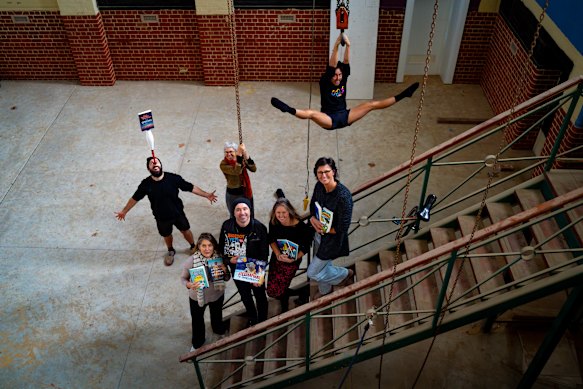 Fremantle Press chief executive Alex Allan, Circus WA chief executive Jo Smith, with authors James Foley, Meg McKinlay and Deb Fitzpatrick at the arts organisations’ new home in Fremantle. 
