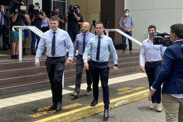 Constable Zachary Rolfe (third from left) arrives at the first day of his murder trial last week. 