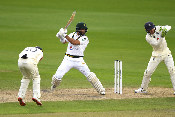 Shan Masood hits out against England on the first day of the first Test at Old Trafford.