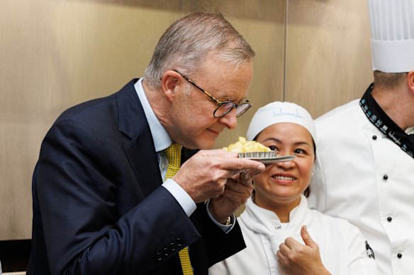 Opposition leader Anthony Albanese on the campaign trail today. 