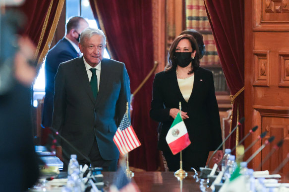 Mexico Andres Manuel Lopez Obrador and US Vice-President Kamala Harris arrive for their meeting at Palacio Nacional, Mexico City.