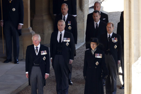 Prince Charles, Prince Andrew, Prince William, Peter Phillips, Prince Edward, and Princess Anne during the funeral of Prince Philip in April.