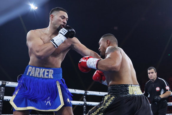 Joseph Parker (left) takes on Faiga Opelu in a heavyweight bout at Margaret Court Arena.