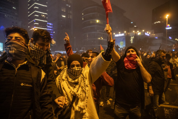 A protest at the Israeli consulate in Istanbul, Turkey on Tuesday, Turkish time.