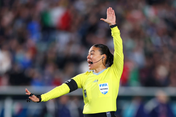 Referee Melissa Borjas in action during Monday’s Group G match between Italy and Argentina.