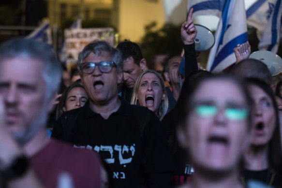 Protesters during a demonstration against the Israeli government and BenJamin Netanyahu on January 6, 2024.