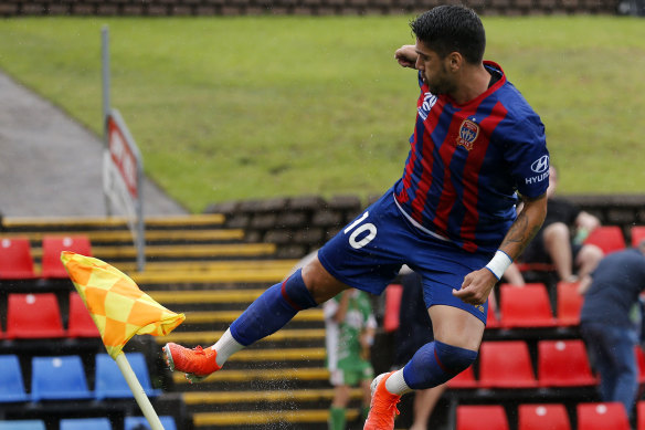 Dimi Petratos celebrates a first-half goal during Newcastle's 4-3 A-League win over Central Coast.