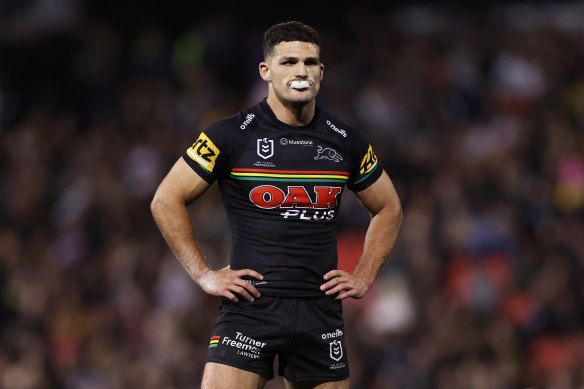 Nathan Cleary looks on as halves partner Jarome Luai goes off injured during the Panthers’ loss to Parramatta.