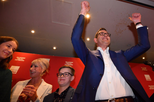 Premier Daniel Andrews and his family celebrate Labor’s election win in 2018. 