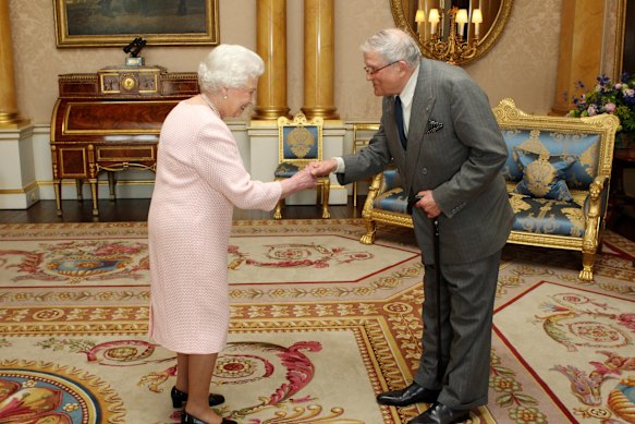 Queen Elizabeth II Elizabeth presented the Order of Merit to artist David Hockney at Buckingham Palace on 22 May 2012.
