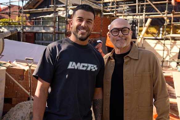 Billionaire Adrian Portelli and judge Neale Whitaker on the set of My Reno Rules in Melbourne.