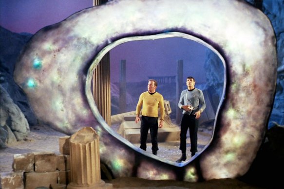 Star Trek stars William Shatner as Captain James T. Kirk and Leonard Nimoy as Mr Spock stand before a time and space portal known as the Guardian of Forever.