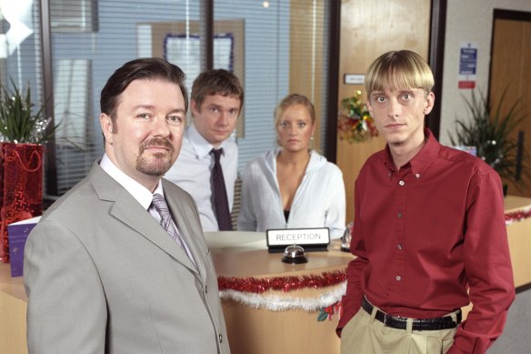 Ricky Gervais, Martin Freeman, Lucy Davis and Mackenzie Crook in The Office Christmas Special.