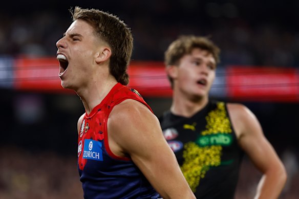 Caleb Windsor of the Demons celebrates a goal.