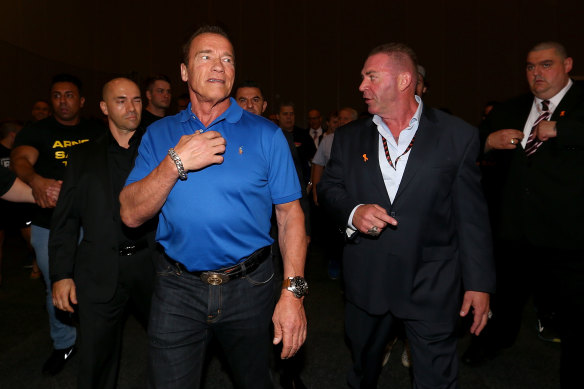 Arnold Schwarzenegger with event promoter Tony Doherty during the Arnold Classic at The Melbourne Convention and Exhibition Centre in 2017.