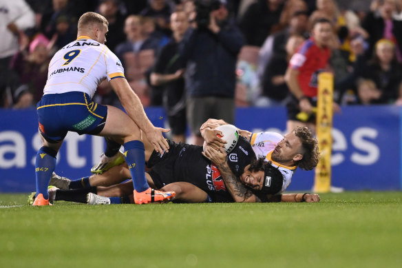 Jarome Luai dislocated his shoulder attempting to score a try against the Eels.