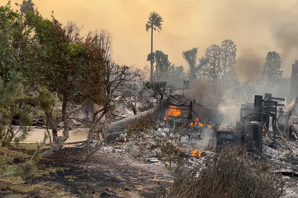 The smouldering wreckage of the Altadena home of Diana Thater and T. Kelly Mason, where they stored their archive in a garage that also burnt to the ground. 