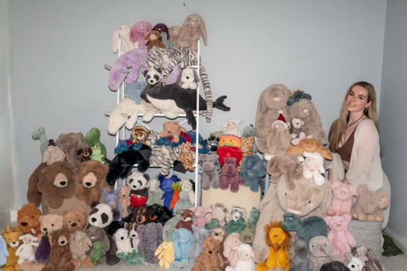 Sophie Barker and her collection of Jellycat toys.