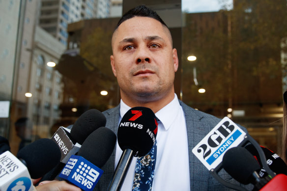 Jarryd Hayne outside the NSW District Court on April 4 last year after he was found guilty of sexual assault.