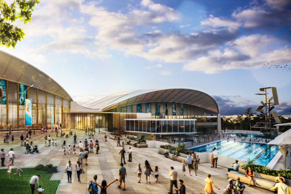An artist’s impression of the National Aquatic Centre and Precinct, with multiple pools and seating for more than 25,000, to be build at the existing Centenary Pool site in Spring Hill ahead of the 2032 Brisbane Olympic and Paralympic Games. 