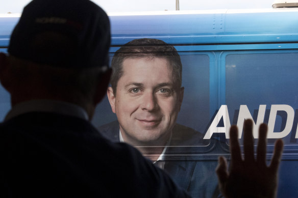 Conservative Party leader Andrew Scheer's bus arrives at a campaign stop in Hamilton, Ontario on Saturday.