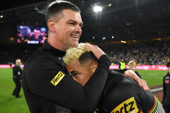 Cameron Ciraldo celebrates Penrith’s 2022 grand final win with Viliame Kikau before both moved to Canterbury.