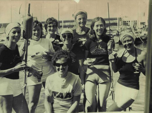 The all-female crew of Barbarian on arrival in Hobart on December 30, 1975.