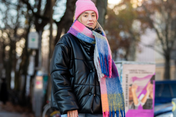 Sonia Lyson in a black Nanushka vegan leather jacket in December 2019 in Berlin. 