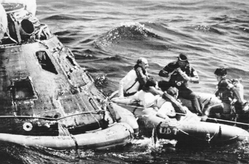 Apollo 16 crew Mattingly, Young and Duke after splashdown in 1972.