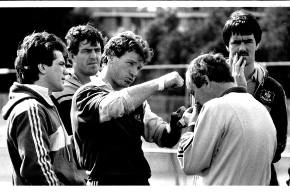 From left: Chris Roche, Ross Reynolds, Simon Poidevin and Steve Cutler at training, with Alan Jones.