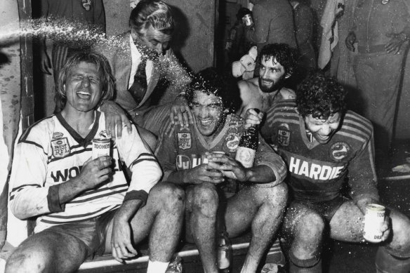 Champagne flies in the Eels’ victorious dressing room after the 1983 grand final, which included then-prime minister Bob Hawke.