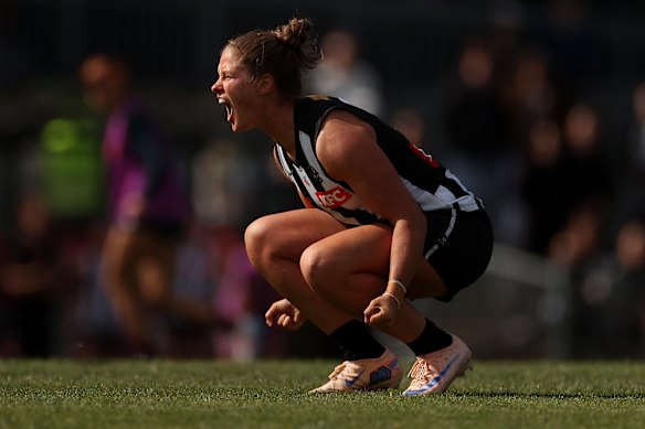 Simply pumped: Collingwood’s Brianna Davey after booting a goal.