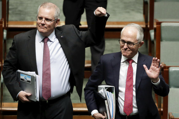 Scott Morrison and Malcolm Turnbull in Parliament in August, 2018.