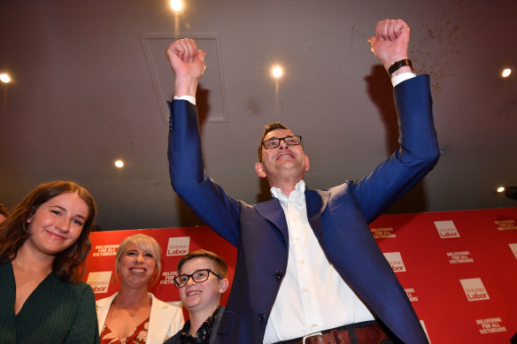 The Premier celebrates victory after his re-election last year.