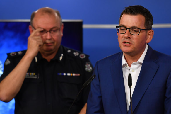The senior police appointment of Brett Curran by Victorian Premier Daniel Andrews (pictured with Commissioner Graham Ashton) raises serious questions. 
