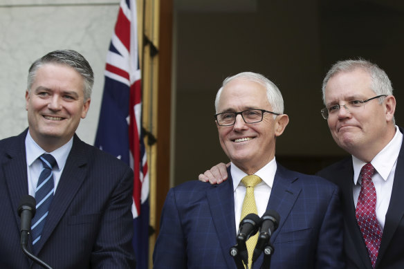 Mathias Cormann, Malcolm Turnbull and Scott Morrison at a joint press conference in 2018.