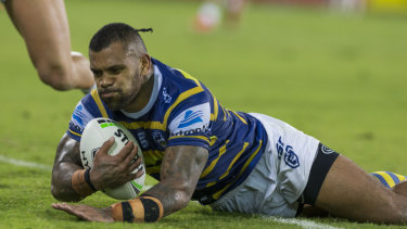 Floodgates open: Manu Mau scores Parramatta's first try against the Raiders in two years: