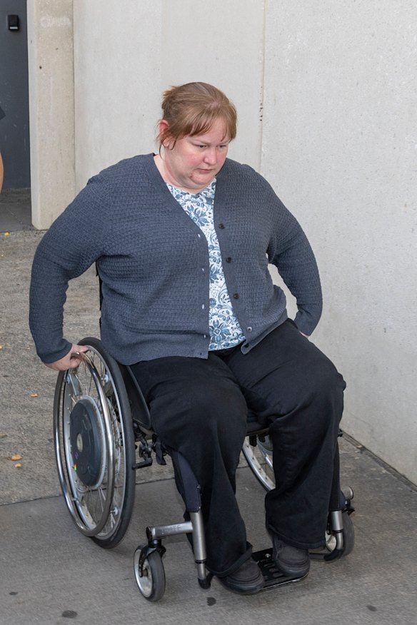 Ruth Dubois, the daughter of Ian and Heather Wilkinson, outside the court on Thursday after giving evidence.