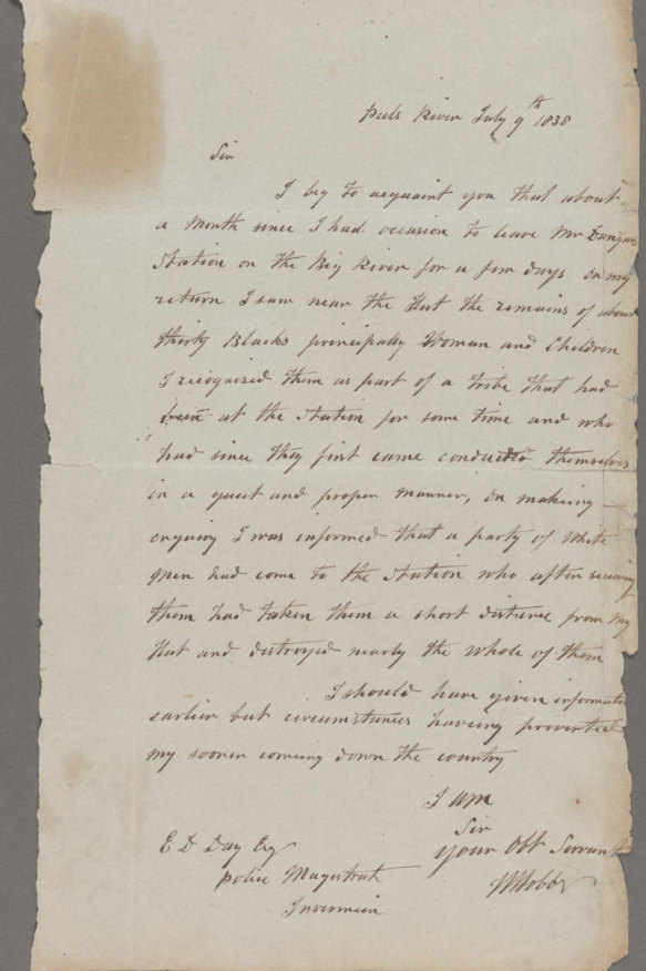 The letter from William Hobbs to the authorities reporting the massacre.